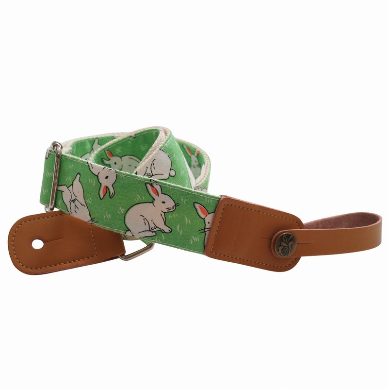 MUSIC FIRST Original Design Cute Cartoon â€œLittle Bunnyâ€ Soft Canvas & Genuine Leather Ukulele Strap Ukulele Shoulder Strap With a Genuine Leather Strap Locker - Image 1